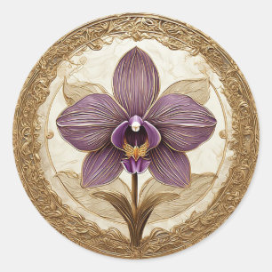 Sticker Rond Orchidée élégante dans un cadre doré complexe