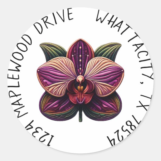 Sticker Rond Orchidée violette avec adresse de retour (Devant)