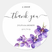 Sticker Rond Orchidée violette et mariage de script blanc (Devant)