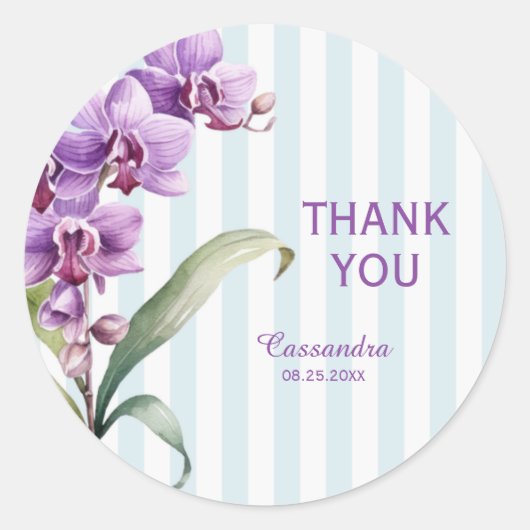 Sticker Rond Orchidée violette Vert rayures Merci Floral (Devant)