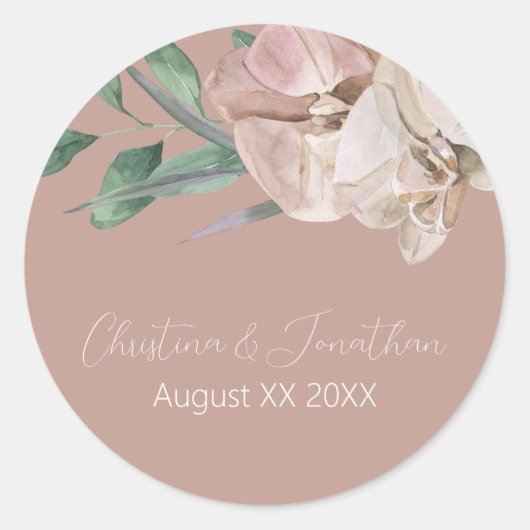 Sticker Rond Orchidées aquarelles romantiques sur blush poussié (Devant)