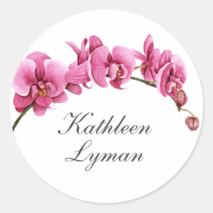 Sticker Rond Orchidées aquarelles rose vif tropicales avec nom
