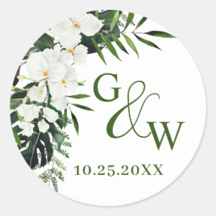 Sticker Rond Orchidées blanches élégantes Fleurs bohémiennes Ma