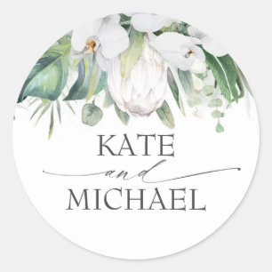 Sticker Rond Orchidées blanches et le roi Protea verdure tropic