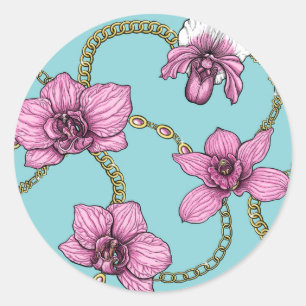Sticker Rond Orchidées et chaînes, roses et bleues