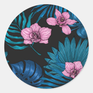 Sticker Rond Orchidées et feuilles de palmiers, rose et bleu su