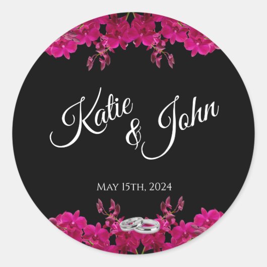 Sticker Rond Orchidées Fuchsia sur anneaux de Mariage noir- (Devant)