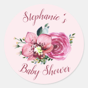 Sticker Rond Orchidées roses et Baby shower Rose