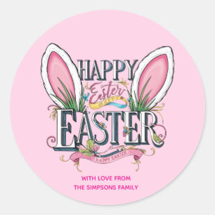 Sticker Rond Oreilles de lapin élégantes rose Joyeuses Pâques