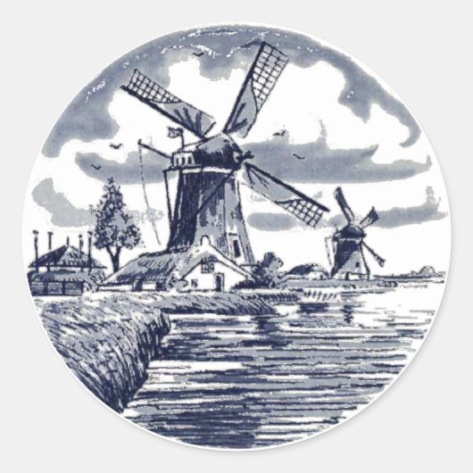 Sticker Rond Ornat Chic Antique Hollandais Delft Blue Windmill (Devant)