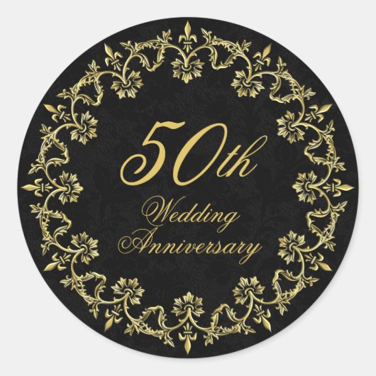 Sticker Rond Ornate Gold sur Black 50e anniversaire Mariage (Devant)