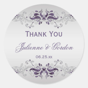 Sticker Rond Ornate Purple Silver Fissures Round Wedding Favori