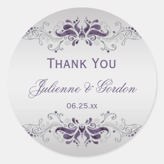 Sticker Rond Ornate Purple Silver Fissures Round Wedding Favori (Devant)