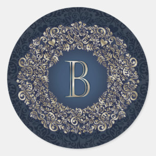 Sticker Rond Orné B Fantaisie Damassé Monogramme Or Bleu 