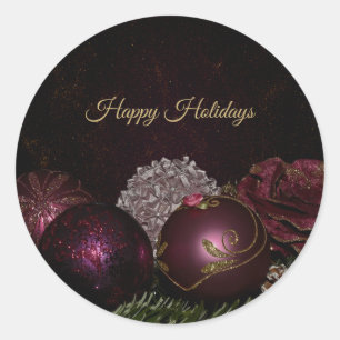 Sticker Rond Ornement Rose de Fête de Noël Feuilles Vertes Noir