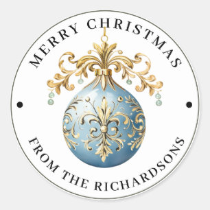 Sticker Rond Ornement Victorien Élaboré Bleu Joyeux Noël