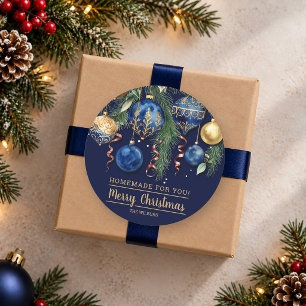 Sticker Rond Ornements de Noël en Or et Bleu Faits Maison pour