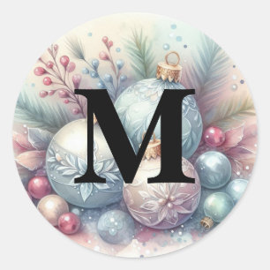 Sticker Rond Ornements de sapin de Noël à monogramme aquarelle