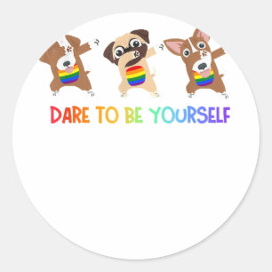 Sticker Rond Osez Être Vous-Même Awesome Chiens Dabbing Rainbow