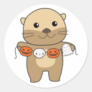 Sticker Rond Otter Happy Halloween Citrouille Chat costume clas