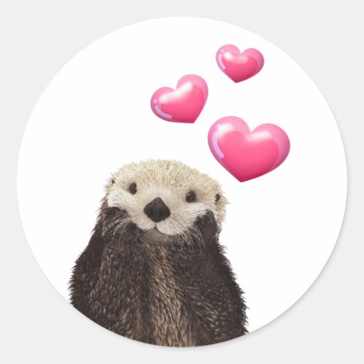 Sticker Rond Otter mignonne avec Coeurs d'Amour Rose (Devant)
