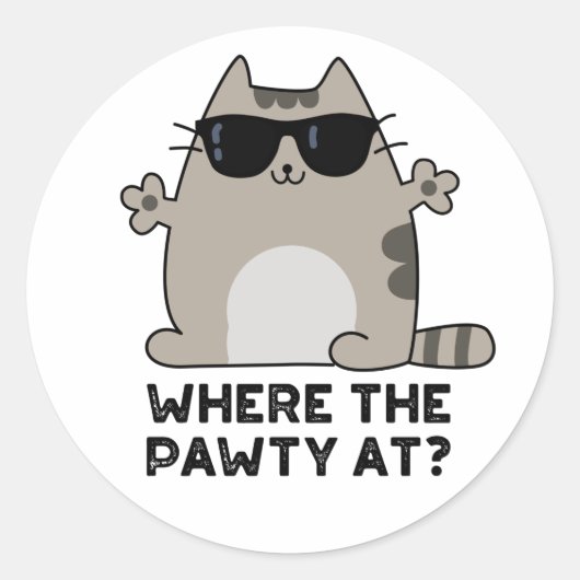 Sticker Rond Où La Pawty À Funny Party Chat Pun (Devant)