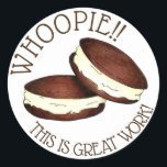 Sticker Rond Ouah ! Great Work PA Dutch Whoopie Pies Enseignant<br><div class="desc">Super de récompenser un étudiant pour un travail bien fait! Sticker design présente un marqueur original illustration d'une paire de succulentes tartes à la pie blanche hollandaise PA, avec WHOOPIE! C'EST UN GRAND TRAVAIL ! dans une police amusante. Cette illustration est également disponible sur d'autres produits. Ne vois-tu pas ce...</div>