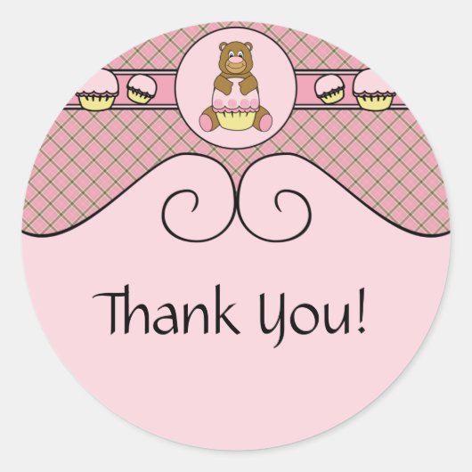 Sticker Rond Ours Avec Cupcake Rose Stick Cone Waffle (Devant)