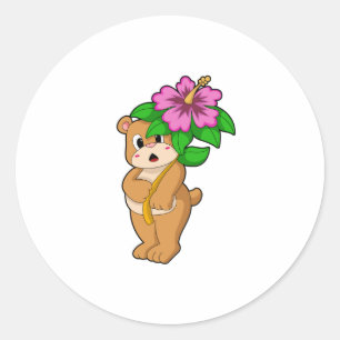 Sticker Rond Ours avec Hibiscus aux fleurs