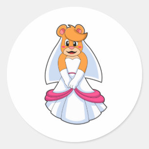 Sticker Rond Ours avec robe Mariage & Voile