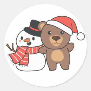 Sticker Rond Ours Avec Snowman En Hiver Pour Noël Classique