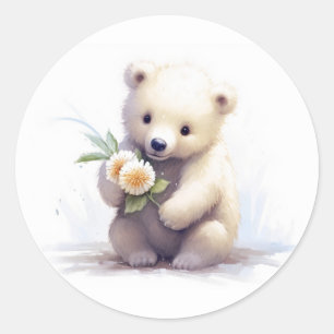 Sticker Rond Ours blanc mignon Avec Fleur