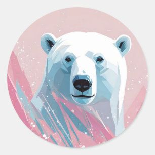 Sticker Rond Ours blanc polaire, rose, arrière - plan bleu.