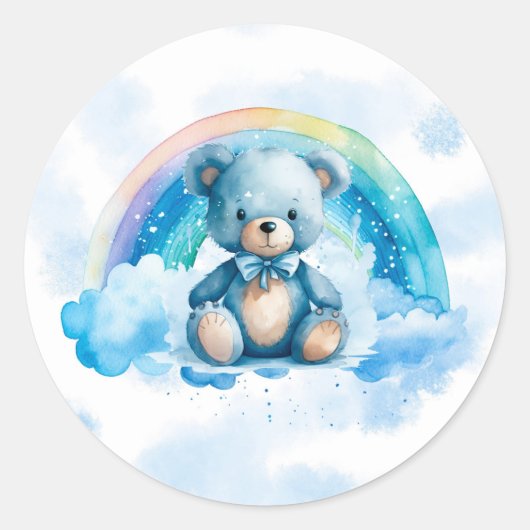 Sticker Rond Ours bleu Teddy mignon avec Baby shower Rainbow Bo (Devant)