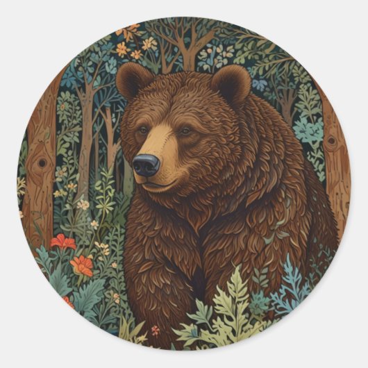 Sticker Rond Ours brun rétro oeuvre boho forêt (Devant)