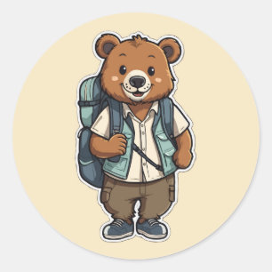 Sticker Rond Ours caricature joyeux avec sac à dos
