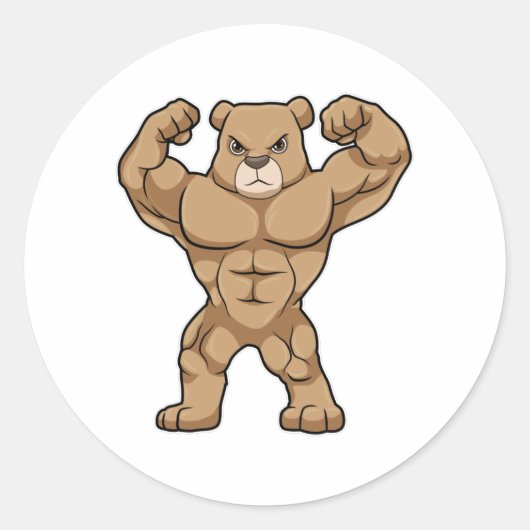 Sticker Rond Ours comme Bodybuilder avec de grands Muscles (Devant)