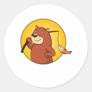 Sticker Rond Ours comme pêcheur avec poisson