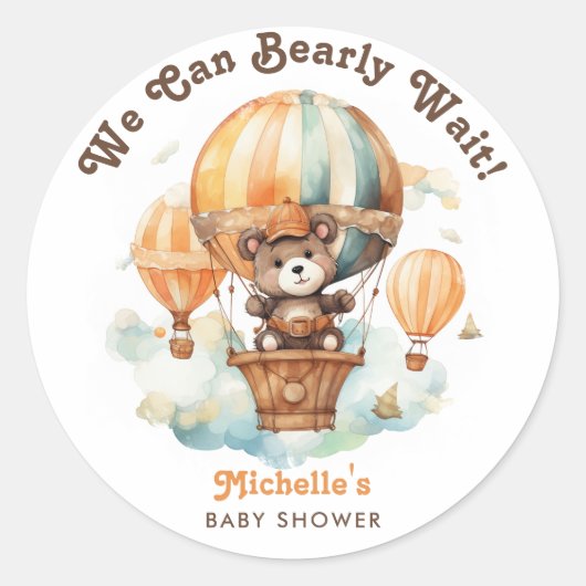 Sticker Rond Ours d'aquarelle mignonne avec Baby shower de ball (Devant)