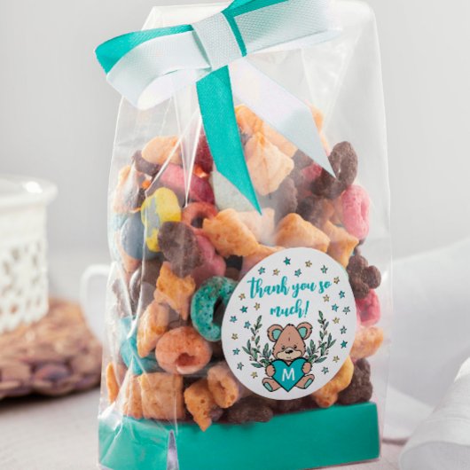 Sticker Rond Ours de coeur turquoise Thème Baby shower Merci
