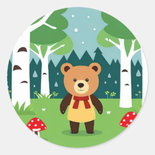 Sticker Rond Ours de dessin animé mignon dans une scène de forê