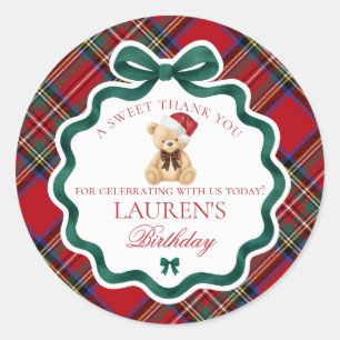 Sticker Rond Ours de Noël à carreaux Tartan Rouge Faveur d'anni