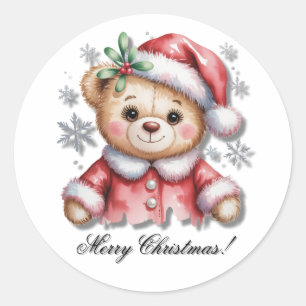 Sticker Rond Ours de Noël mignon et flocons de neige