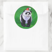 Sticker Rond Ours de panda à Santa Hat sur Vert (Sac)