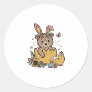 Sticker Rond Ours de Pâques mignon dans un œuf cassé Vecteur vi