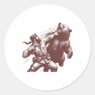 Sticker Rond Ours drôle d'homme frappant l'ours rétro vintage c