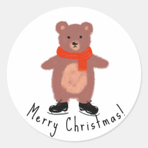 Sticker Rond Ours drôle sur les patins d'hiver