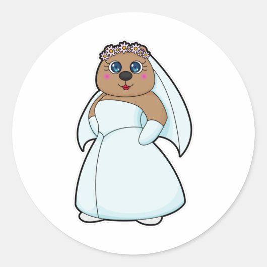 Sticker Rond Ours en mariée avec couronne de fleurs (Devant)