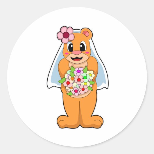 Sticker Rond Ours en mariée avec des fleurs (Devant)