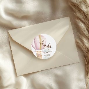 Sticker Rond Ours en montgolfière rose Oh Baby pour Baby Shower